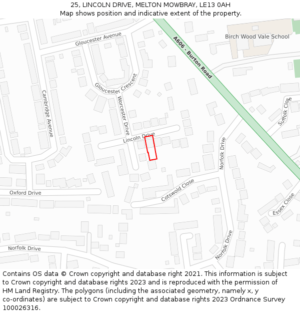 25, LINCOLN DRIVE, MELTON MOWBRAY, LE13 0AH: Location map and indicative extent of plot