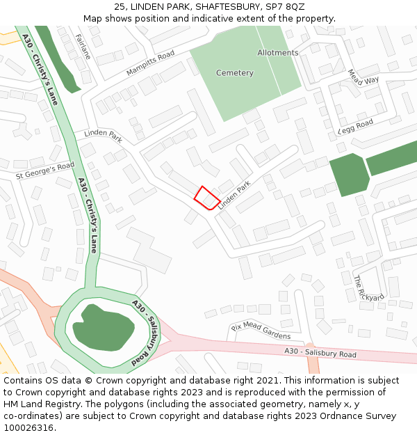 25, LINDEN PARK, SHAFTESBURY, SP7 8QZ: Location map and indicative extent of plot