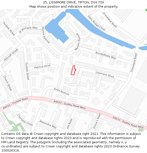 25, LISSIMORE DRIVE, TIPTON, DY4 7SX: Location map and indicative extent of plot