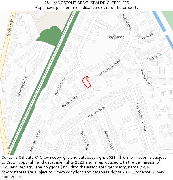 25, LIVINGSTONE DRIVE, SPALDING, PE11 2FS: Location map and indicative extent of plot