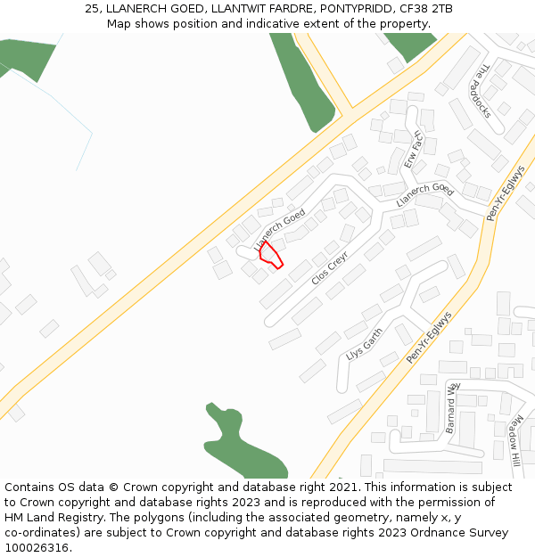 25, LLANERCH GOED, LLANTWIT FARDRE, PONTYPRIDD, CF38 2TB: Location map and indicative extent of plot