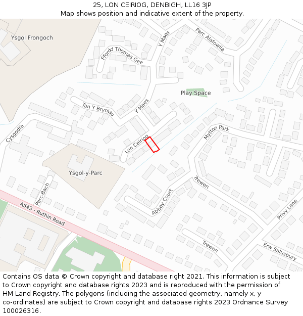 25, LON CEIRIOG, DENBIGH, LL16 3JP: Location map and indicative extent of plot