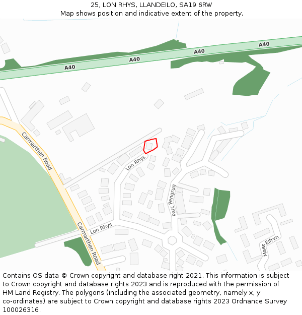 25, LON RHYS, LLANDEILO, SA19 6RW: Location map and indicative extent of plot