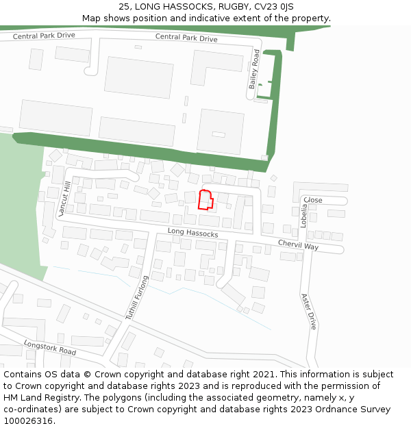 25, LONG HASSOCKS, RUGBY, CV23 0JS: Location map and indicative extent of plot