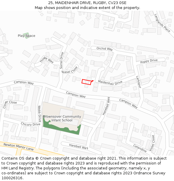 25, MAIDENHAIR DRIVE, RUGBY, CV23 0SE: Location map and indicative extent of plot