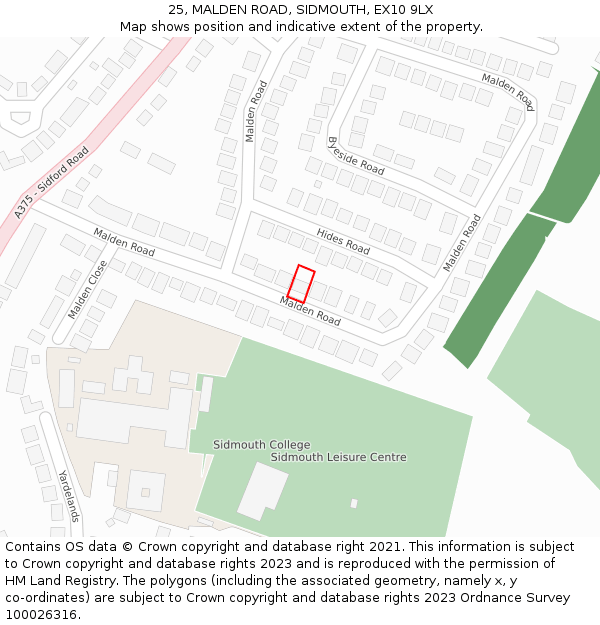 25, MALDEN ROAD, SIDMOUTH, EX10 9LX: Location map and indicative extent of plot