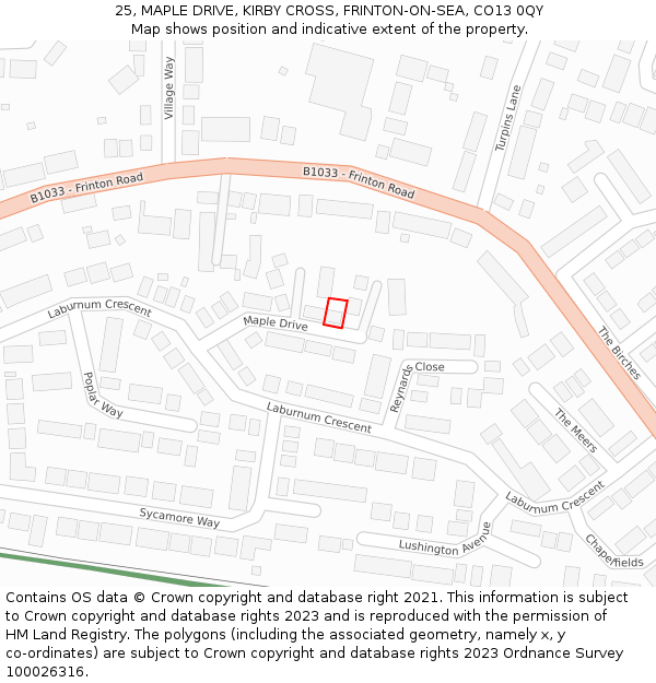 25, MAPLE DRIVE, KIRBY CROSS, FRINTON-ON-SEA, CO13 0QY: Location map and indicative extent of plot