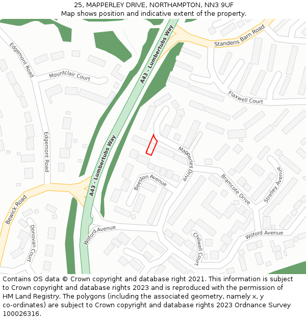 25, MAPPERLEY DRIVE, NORTHAMPTON, NN3 9UF: Location map and indicative extent of plot