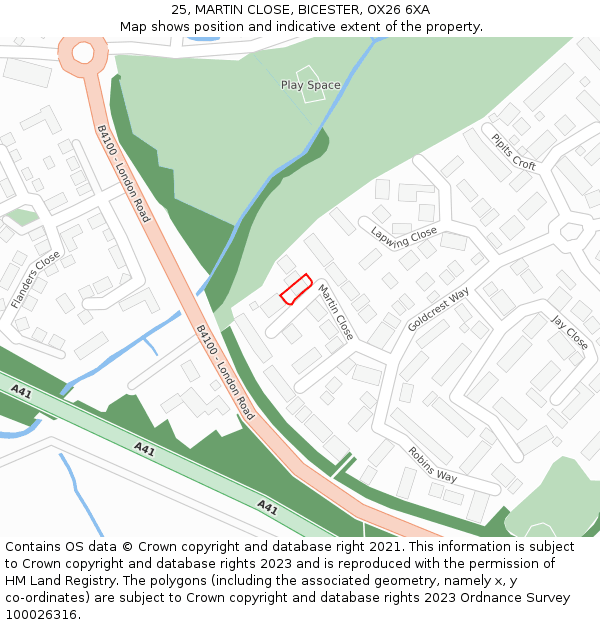 25, MARTIN CLOSE, BICESTER, OX26 6XA: Location map and indicative extent of plot