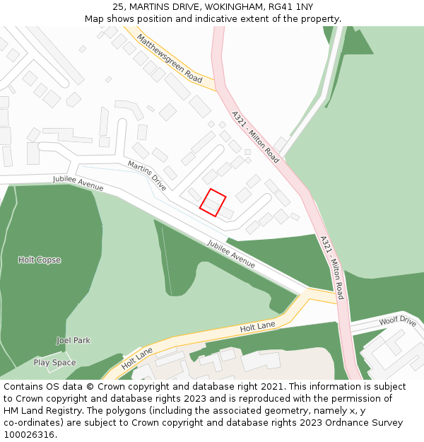 25, MARTINS DRIVE, WOKINGHAM, RG41 1NY: Location map and indicative extent of plot