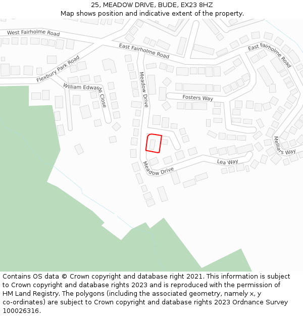25, MEADOW DRIVE, BUDE, EX23 8HZ: Location map and indicative extent of plot