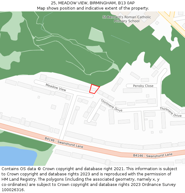 25, MEADOW VIEW, BIRMINGHAM, B13 0AP: Location map and indicative extent of plot