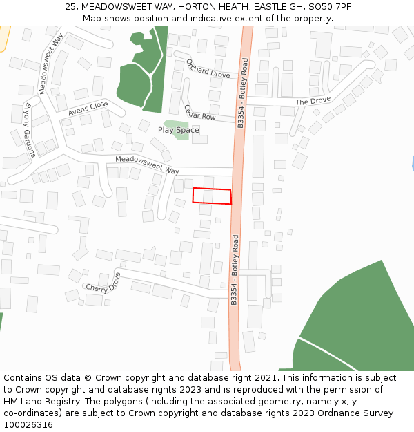 25, MEADOWSWEET WAY, HORTON HEATH, EASTLEIGH, SO50 7PF: Location map and indicative extent of plot