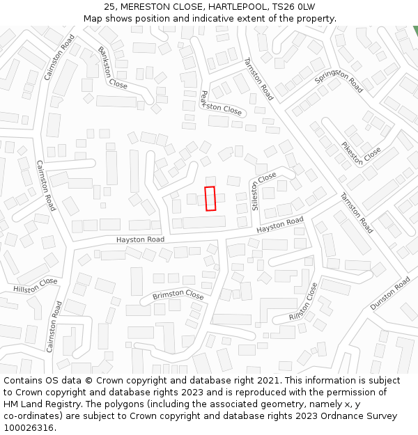25, MERESTON CLOSE, HARTLEPOOL, TS26 0LW: Location map and indicative extent of plot