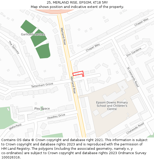 25, MERLAND RISE, EPSOM, KT18 5RY: Location map and indicative extent of plot