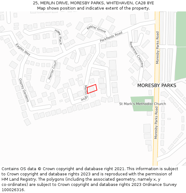 25, MERLIN DRIVE, MORESBY PARKS, WHITEHAVEN, CA28 8YE: Location map and indicative extent of plot