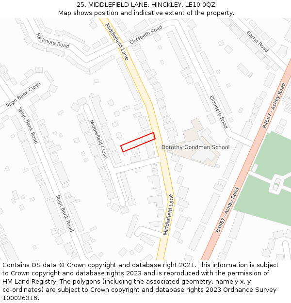 25, MIDDLEFIELD LANE, HINCKLEY, LE10 0QZ: Location map and indicative extent of plot