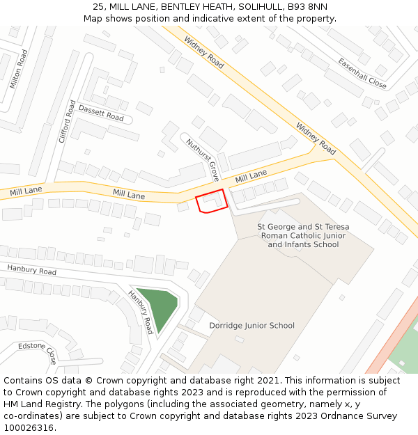 25, MILL LANE, BENTLEY HEATH, SOLIHULL, B93 8NN: Location map and indicative extent of plot