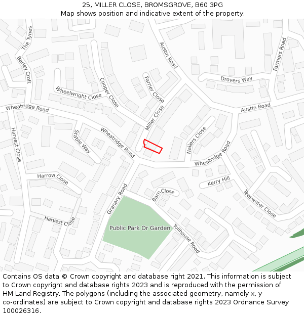 25, MILLER CLOSE, BROMSGROVE, B60 3PG: Location map and indicative extent of plot