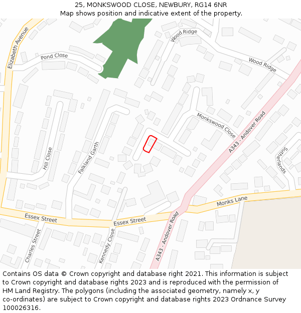25, MONKSWOOD CLOSE, NEWBURY, RG14 6NR: Location map and indicative extent of plot