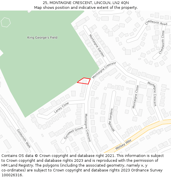 25, MONTAIGNE CRESCENT, LINCOLN, LN2 4QN: Location map and indicative extent of plot