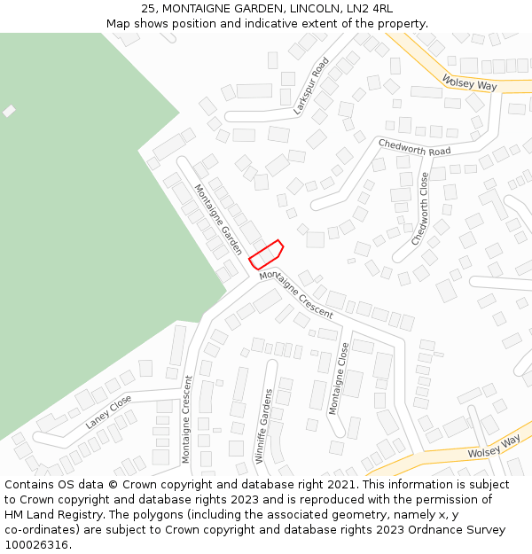 25, MONTAIGNE GARDEN, LINCOLN, LN2 4RL: Location map and indicative extent of plot