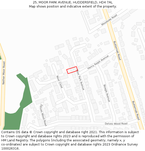 25, MOOR PARK AVENUE, HUDDERSFIELD, HD4 7AL: Location map and indicative extent of plot