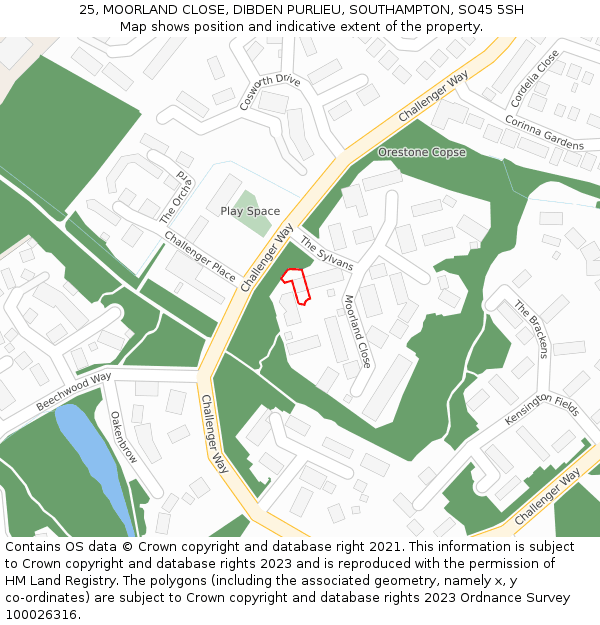 25, MOORLAND CLOSE, DIBDEN PURLIEU, SOUTHAMPTON, SO45 5SH: Location map and indicative extent of plot