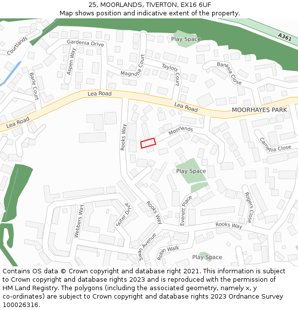 25, MOORLANDS, TIVERTON, EX16 6UF: Location map and indicative extent of plot