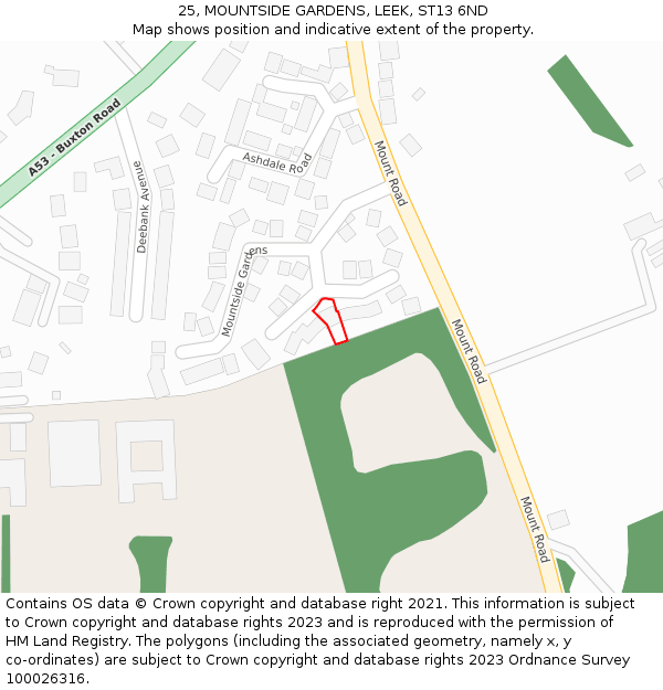 25, MOUNTSIDE GARDENS, LEEK, ST13 6ND: Location map and indicative extent of plot