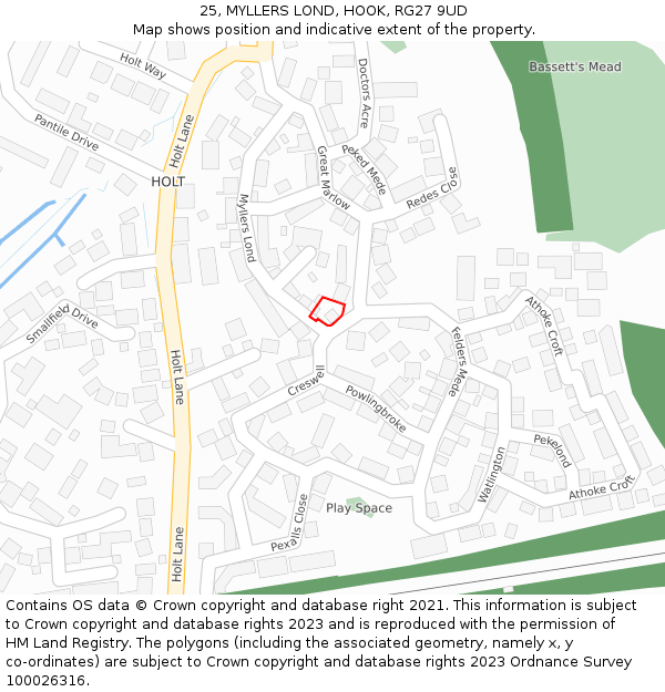 25, MYLLERS LOND, HOOK, RG27 9UD: Location map and indicative extent of plot