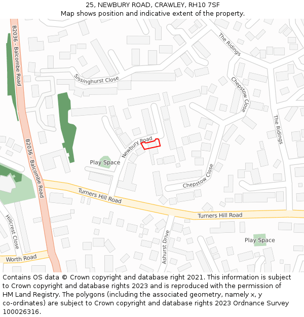 25, NEWBURY ROAD, CRAWLEY, RH10 7SF: Location map and indicative extent of plot
