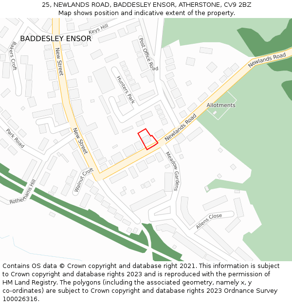 25, NEWLANDS ROAD, BADDESLEY ENSOR, ATHERSTONE, CV9 2BZ: Location map and indicative extent of plot