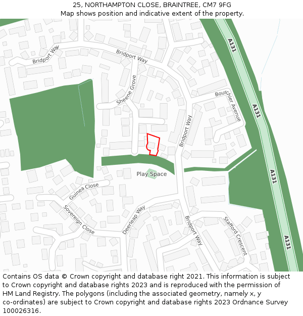 25, NORTHAMPTON CLOSE, BRAINTREE, CM7 9FG: Location map and indicative extent of plot