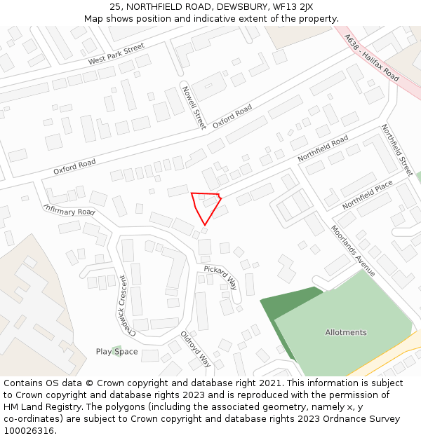 25, NORTHFIELD ROAD, DEWSBURY, WF13 2JX: Location map and indicative extent of plot