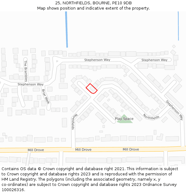 25, NORTHFIELDS, BOURNE, PE10 9DB: Location map and indicative extent of plot