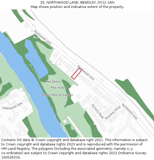 25, NORTHWOOD LANE, BEWDLEY, DY12 1AN: Location map and indicative extent of plot