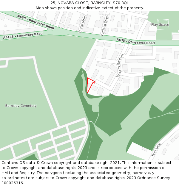 25, NOVARA CLOSE, BARNSLEY, S70 3QL: Location map and indicative extent of plot