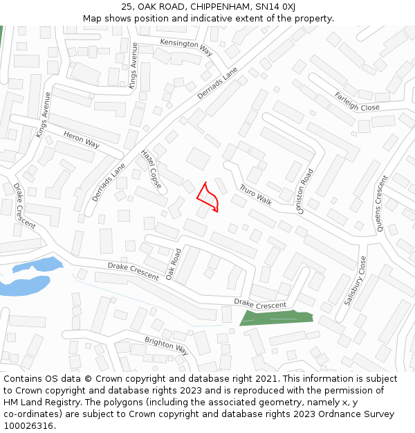 25, OAK ROAD, CHIPPENHAM, SN14 0XJ: Location map and indicative extent of plot