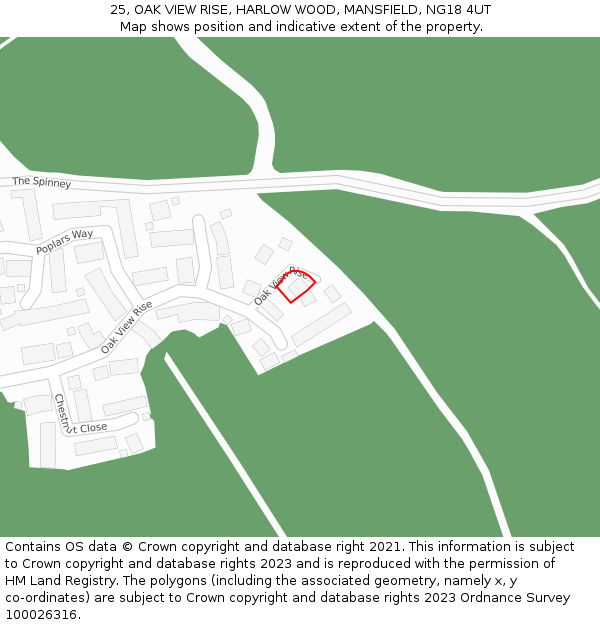 25, OAK VIEW RISE, HARLOW WOOD, MANSFIELD, NG18 4UT: Location map and indicative extent of plot