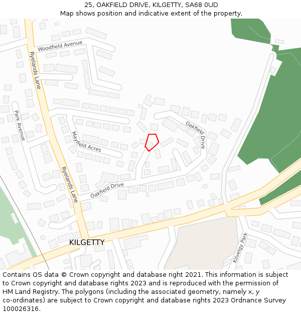 25, OAKFIELD DRIVE, KILGETTY, SA68 0UD: Location map and indicative extent of plot