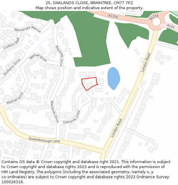 25, OAKLANDS CLOSE, BRAINTREE, CM77 7PZ: Location map and indicative extent of plot