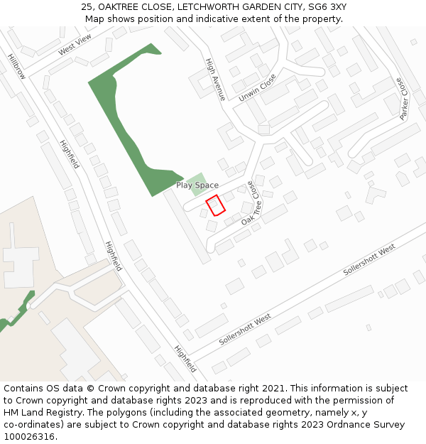 25, OAKTREE CLOSE, LETCHWORTH GARDEN CITY, SG6 3XY: Location map and indicative extent of plot