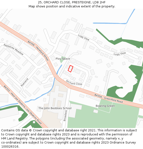 25, ORCHARD CLOSE, PRESTEIGNE, LD8 2HF: Location map and indicative extent of plot