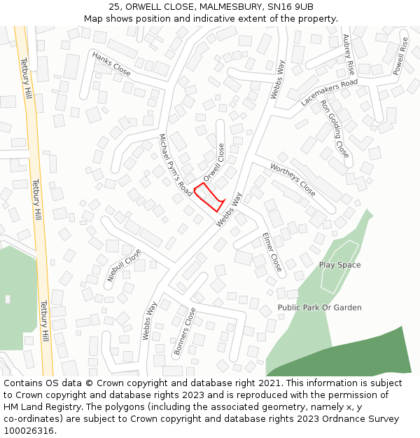 25, ORWELL CLOSE, MALMESBURY, SN16 9UB: Location map and indicative extent of plot