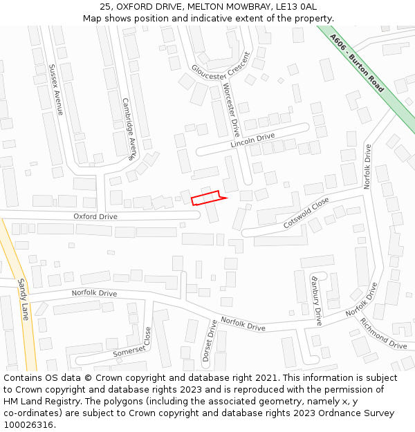 25, OXFORD DRIVE, MELTON MOWBRAY, LE13 0AL: Location map and indicative extent of plot