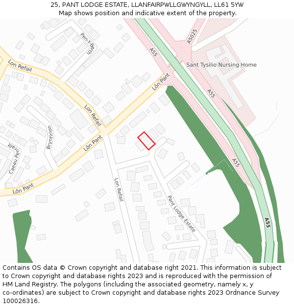 25, PANT LODGE ESTATE, LLANFAIRPWLLGWYNGYLL, LL61 5YW: Location map and indicative extent of plot