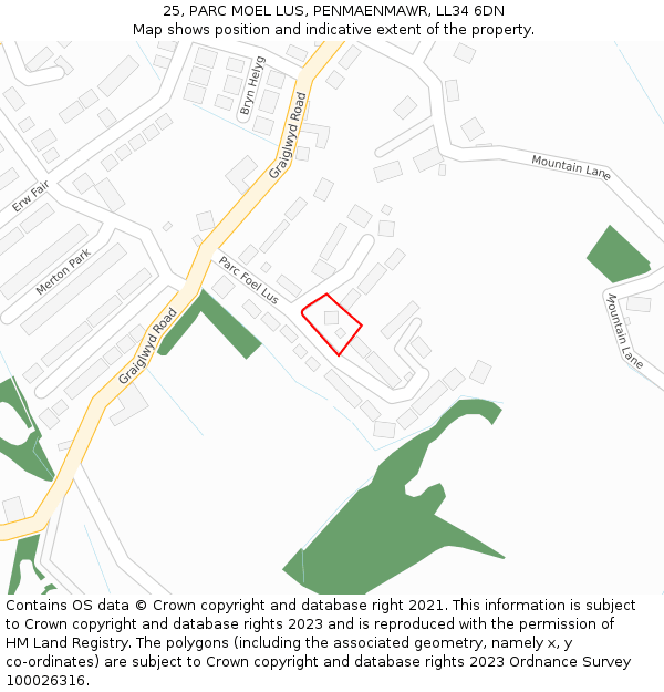 25, PARC MOEL LUS, PENMAENMAWR, LL34 6DN: Location map and indicative extent of plot