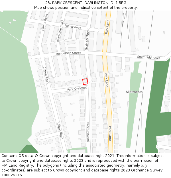 25, PARK CRESCENT, DARLINGTON, DL1 5EG: Location map and indicative extent of plot