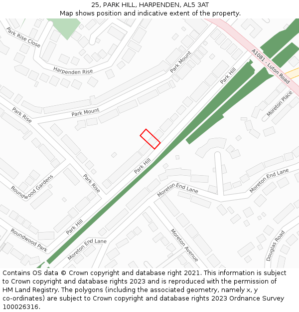 25, PARK HILL, HARPENDEN, AL5 3AT: Location map and indicative extent of plot